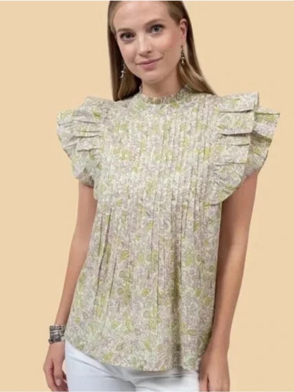 House of Harlow 1960 Floral Pintuck Ruffle Sleeve Blouse - Light Green sz S